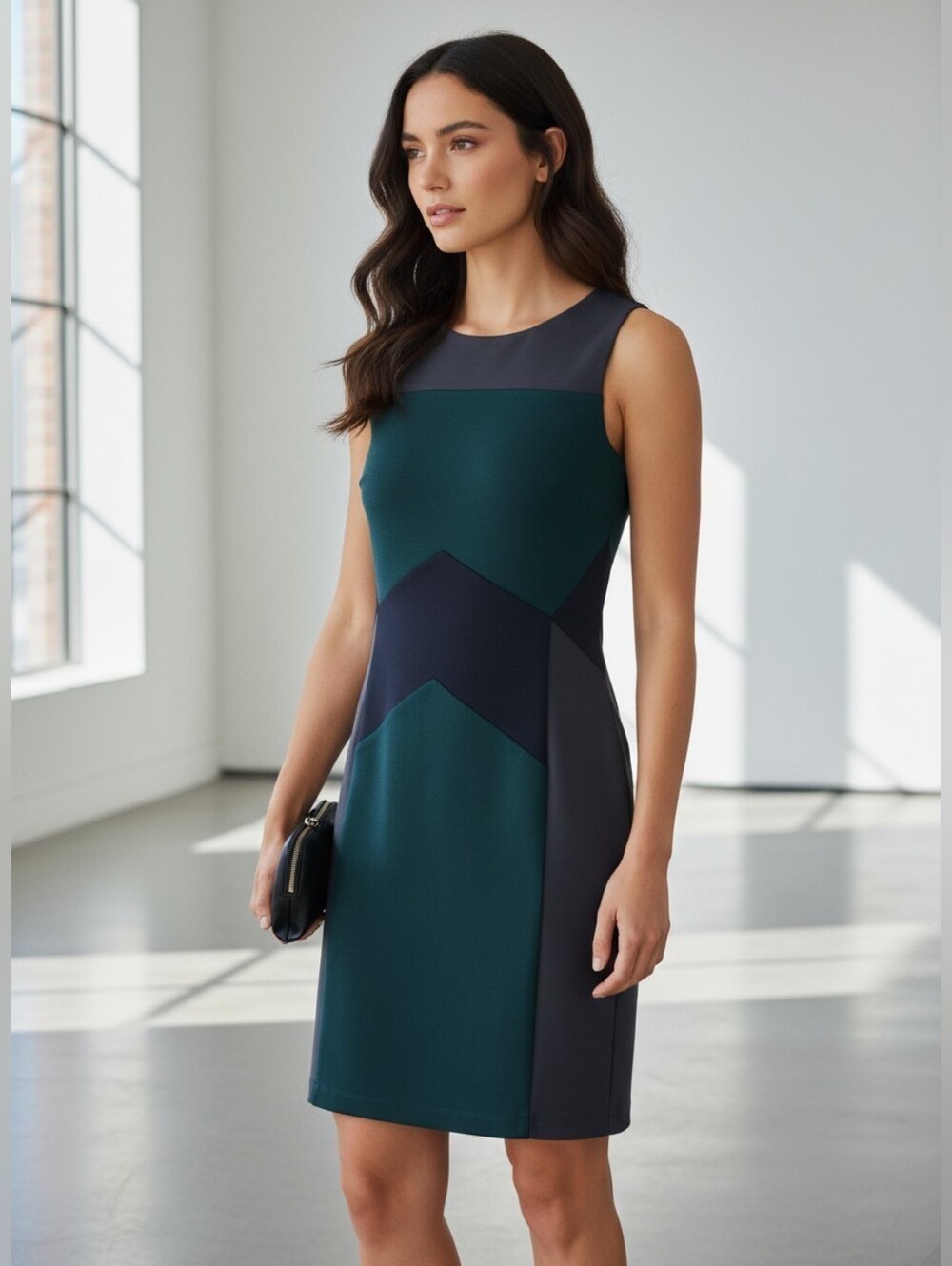 Y2K Style Sleeveless Colorblock Sheath Dress Teal Green Charcoal Gray Size M